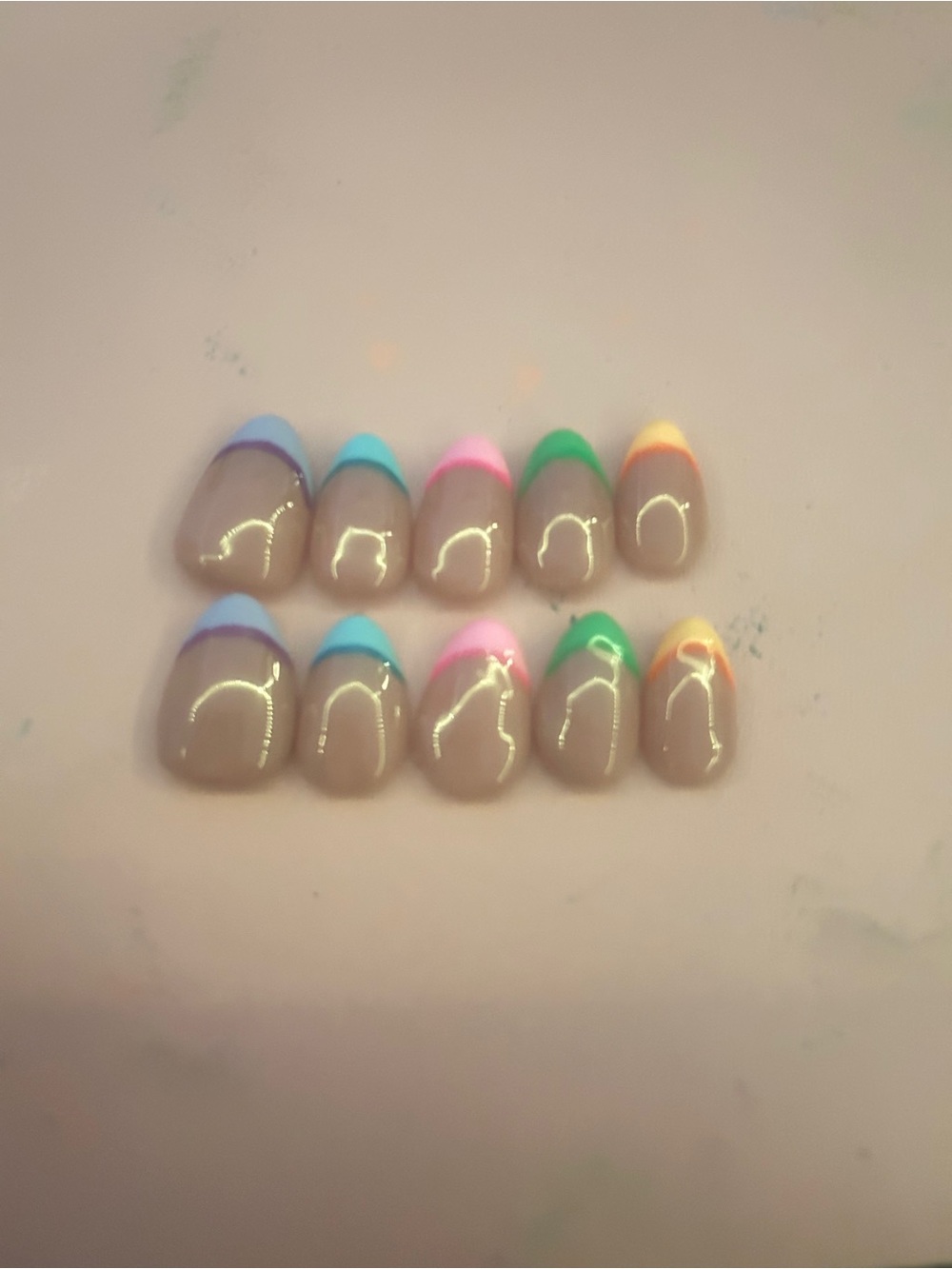 Neutral Press-On Nail Set with Neon French Tips - Multicolor